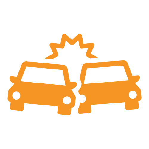 A car crash icon on a black background incorporating workers compensation doctors.