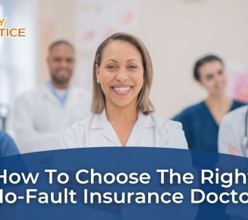 A group of doctors stand smiling in a medical office Text reads: "How To Choose No Fault Doctor for Your Needs " Logo says "Your Injury Practice