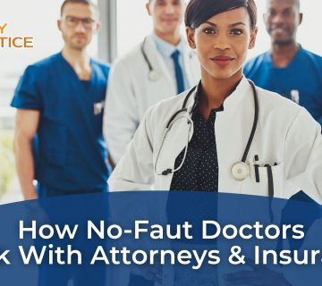 A group of no fault doctors stands together in a medical office with the text, "How No Fault Doctors Work With Attorneys & Insurance in Car Accident Cases," and a logo reading "Your Injury Practice