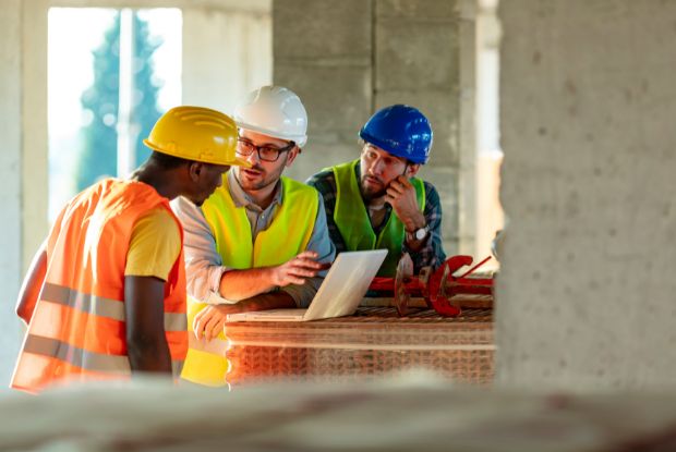 Three construction workers using a tablet for work-related tasks.