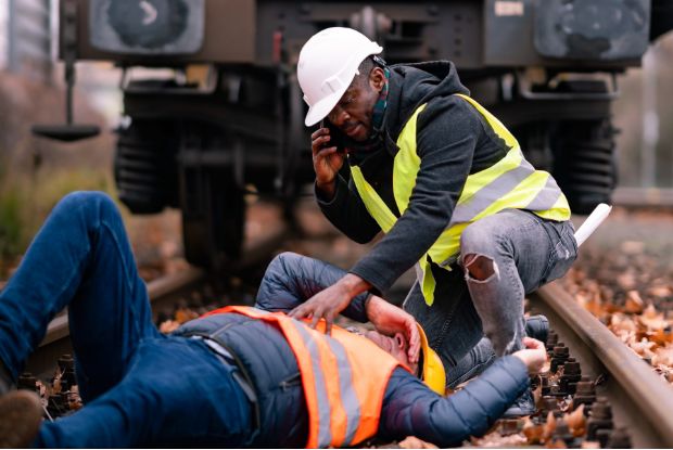 A man is lying on the ground next to a train, in need of immediate medical attention from workers compensation doctors.