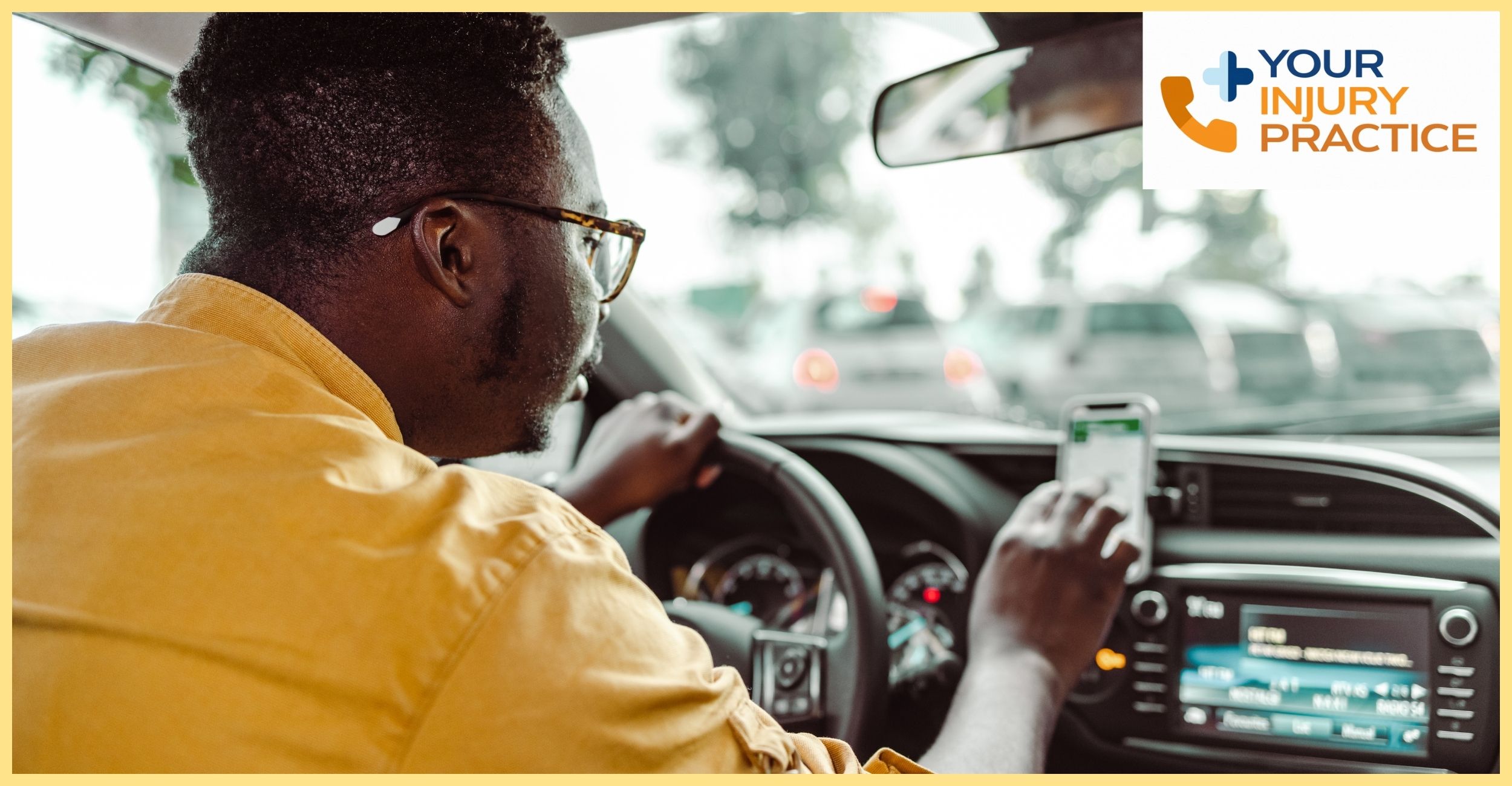 A man in a yellow shirt driving a car with the text your safe driving practice seeks Injury Doctor in New York.