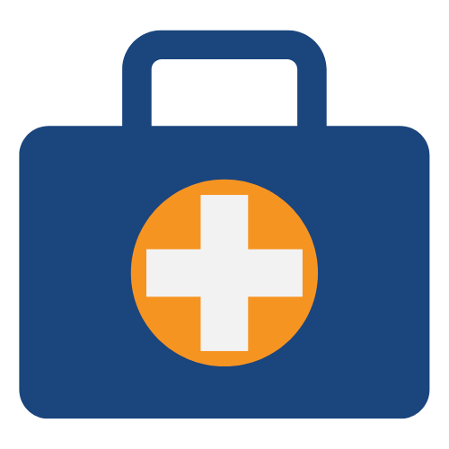 A blue and orange first aid kit icon on a black background.